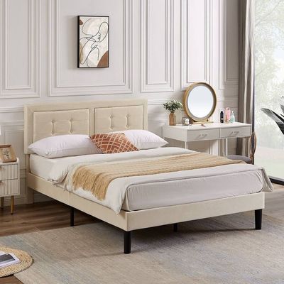 Modway Modern Upholstered Tufted Bed - Beige, Super King Without Mattress