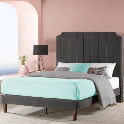 Dunphy Velvet Upholstered Modern Bed - Black, Queen Size Without Mattress