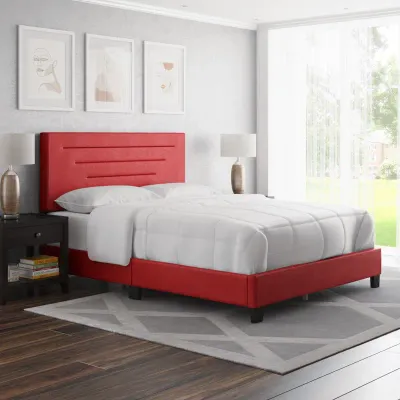 Luxembourg Leather Upholstered Platform Bed - Red, Queen Size Without Mattress