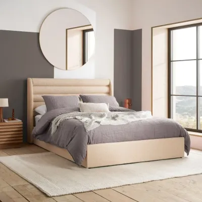 Colton Boucle Fabric Winged Bed - Warm Beige, King Size Without Mattress