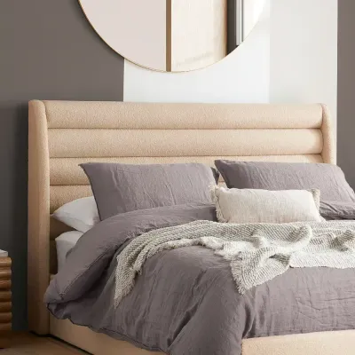 Colton Boucle Fabric Winged Bed - Warm Beige, Super King Without Mattress