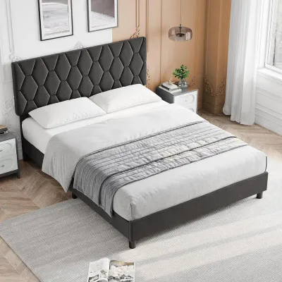 Benoni Upholstered Platform Bed - Dark Grey, King Size Without Mattress