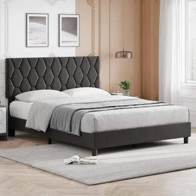 Benoni Upholstered Platform Bed - Dark Grey, Queen Size Without Mattress