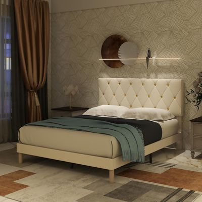Haleigh Upholstered Platform Bed - Beige, King Size Without Mattress