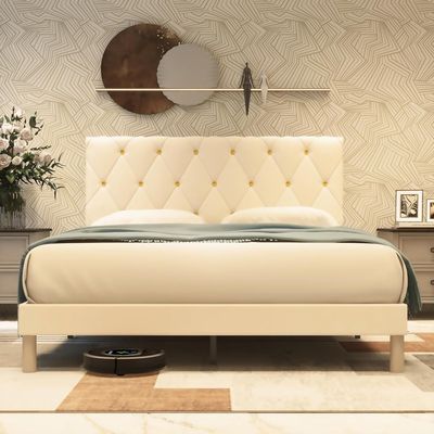 Haleigh Upholstered Platform Bed - Beige, King Size Without Mattress