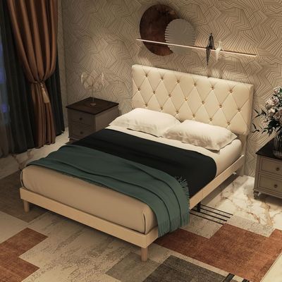 Haleigh Upholstered Platform Bed - Beige, King Size Without Mattress