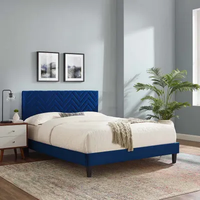 Leah Chevron Tufted Performance Velvet Platform Bed - Navy Blue, Queen Size Without Mattress