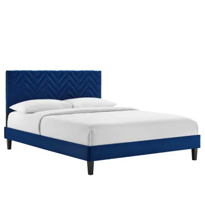Leah Chevron Tufted Performance Velvet Platform Bed - Navy Blue, Super King Without Mattress