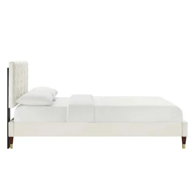 Leah Chevron Tufted Performance Velvet Platform Bed - Pink, Queen Size Without Mattress