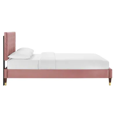 Leah Chevron Tufted Performance Velvet Platform Bed - White, King Size Without Mattress