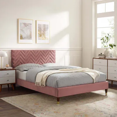 Leah Chevron Tufted Performance Velvet Platform Bed - White, King Size Without Mattress