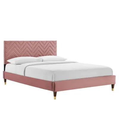Leah Chevron Tufted Performance Velvet Platform Bed - White, Super King Without Mattress
