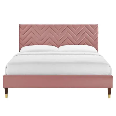 Leah Chevron Tufted Performance Velvet Platform Bed - White, Super King Without Mattress