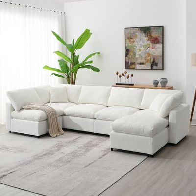 6 Seat Chenille Sectional Sofa with Ottoman