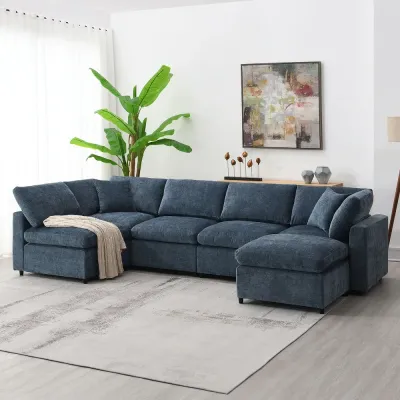 6 Seat Chenille Sectional Sofa with Ottoman