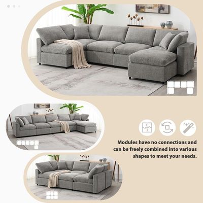 6 Seat Chenille Sectional Sofa with Ottoman