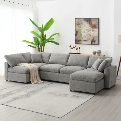 6 Seat Chenille Sectional Sofa with Ottoman