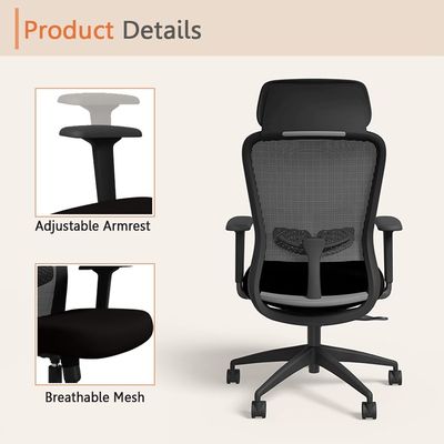 Godrej Interio Modern Thrill High-Back Ergonomic Office Chair with Mesh Back, Adjustable Armrests, Breathable Mesh, and Attached Headrest Ideal for Home and Office - Black