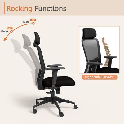 Godrej Interio Modern Thrill High-Back Ergonomic Office Chair with Mesh Back, Adjustable Armrests, Breathable Mesh, and Attached Headrest Ideal for Home and Office - Black