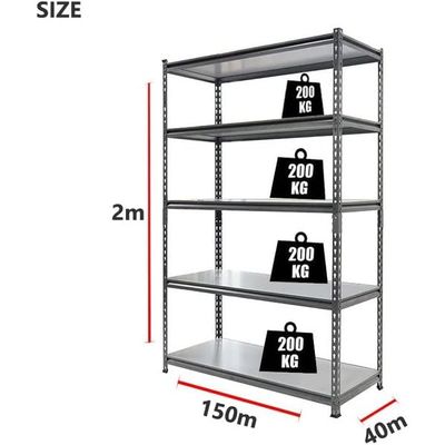 5 Tier (200KG Per Shelf) Rivet Shelves Storage Rack 150L x 40D x 200H cm