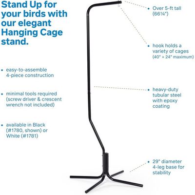 Heavy-Duty Tubular Steel Hanging Bird Cage Stand - Sturdy 4-Leg Support Base, Easy Assembly, 61x61x158cm (Black)