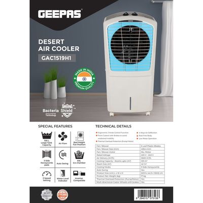 Premium Desert Air Cooler-GAC1519H1 /Comes with  100L Large Tank Capacity, 4-way Air Deflection, Auto Swing, Low Noise Operation / Inverter Compatible, 3 Side Honeycomb Pads, 3 Speed Setting/ Inverter Compatible, Water Level Indicator, Rust Free Body/ White Color, 2 Years Warranty