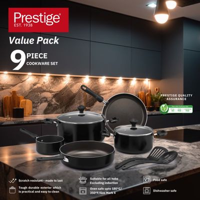 Prestige 9 Pcs Value Pack Cookware Set | Non-stick Pots and Pans Set | Induction Base Cooking Set - PR22482