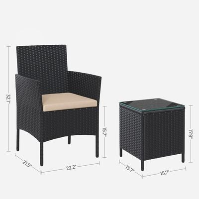 Songmics Modern Outdoor Lt Pf004 Rattan Patio Furniture Set, 2 Chair With Cushions And 1 Glass Table, Ideal For Garden, Balcony, And Office Lounge - Black