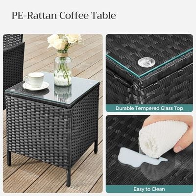 Songmics Modern Outdoor Lt Pf004 Rattan Patio Furniture Set, 2 Chair With Cushions And 1 Glass Table, Ideal For Garden, Balcony, And Office Lounge - Black