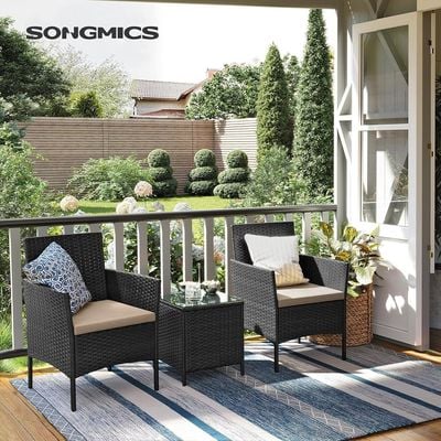 Songmics Modern Outdoor Lt Pf004 Rattan Patio Furniture Set, 2 Chair With Cushions And 1 Glass Table, Ideal For Garden, Balcony, And Office Lounge - Black