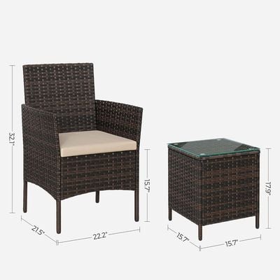 Songmics Modern Outdoor Lt Pf004 Rattan Patio Furniture Set, 2 Chair With Cushions And 1 Glass Table, Ideal For Garden, Balcony, And Office Lounge - Brown
