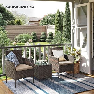 Songmics Modern Outdoor Lt Pf004 Rattan Patio Furniture Set, 2 Chair With Cushions And 1 Glass Table, Ideal For Garden, Balcony, And Office Lounge - Brown