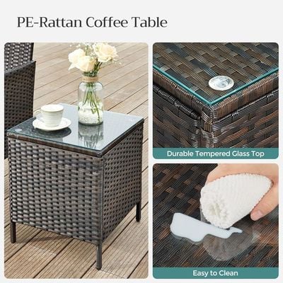 Songmics Modern Outdoor Lt Pf004 Rattan Patio Furniture Set, 2 Chair With Cushions And 1 Glass Table, Ideal For Garden, Balcony, And Office Lounge - Brown
