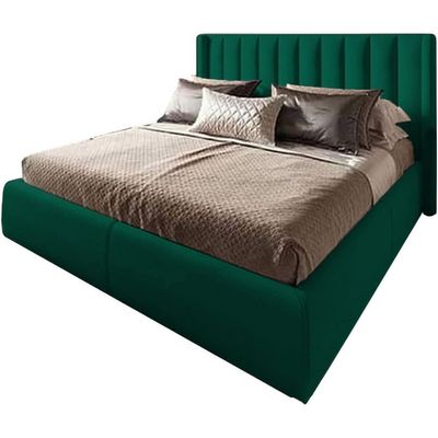 ODEN 87 Dark Green Velvet Upholstered King Bed Frame  180x200 cm with Painted Swedish Wood & Geometric Headboard  Modern Luxury Design by Nice Home