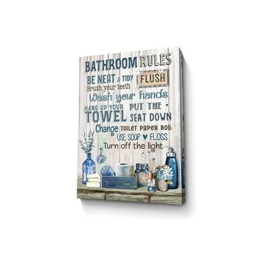 Bathroom Decor Canvas Wall Art Rustic Bathroom Rules Sign Picture Navy Blue Bathroom Wall Decor Painting Framed Modern Artwork For Bathroom Toilet Laundry Room Decor 16X24 Inch