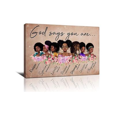 African American Wall Art Black Woman God Says You Are Canvas Print Black Girl And Flower Painting Funny Artworks Home Decor For Bathroom Living Room Bedroom Framed Ready To Hang 16X24 Inch