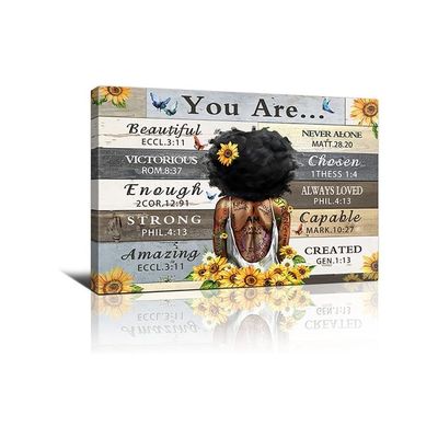 African American Wall Art God Says You Are Canvas Print Black Woman Flower Painting Pictures Quotes Artworks Home Decor For Bathroom Living Room Bedroom Framed Ready To Hang 16X24 Inch