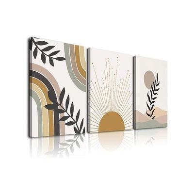  Sage Green Wall Art Minimalist Framed Wall Art Geometric Line Leaf Sun Moon Beige Green Canvas Artwork Paintings, Abstract Botanical Room Decor Posters  30X40Cmx3Pcs(Yellow Beige)
