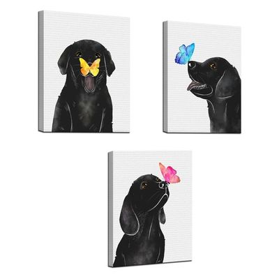 Dog Animal Wall Art For Nursery Room Butterfly On Dog Nose Kids Bed Room Wall Decor 3 Panel Black And White Puppy Prints Picture For Pet Shop 12"X16"X3 Pcs