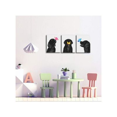 Dog Animal Wall Art For Nursery Room Butterfly On Dog Nose Kids Bed Room Wall Decor 3 Panel Black And White Puppy Prints Picture For Pet Shop 12"X16"X3 Pcs