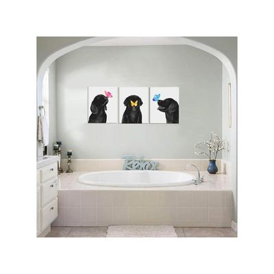 Dog Animal Wall Art For Nursery Room Butterfly On Dog Nose Kids Bed Room Wall Decor 3 Panel Black And White Puppy Prints Picture For Pet Shop 12"X16"X3 Pcs