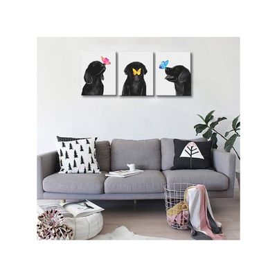 Dog Animal Wall Art For Nursery Room Butterfly On Dog Nose Kids Bed Room Wall Decor 3 Panel Black And White Puppy Prints Picture For Pet Shop 12"X16"X3 Pcs