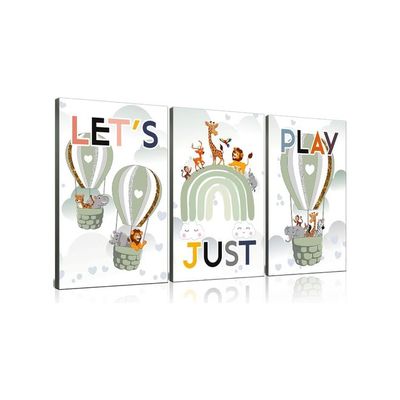 Ncyel Framed 3Pces Kids Room Canvas Wall Art Decor Cute Color Animals Playroom Nursery Green Rainbow Hot Ball Poster Lion Giraffe Prints Picture Painting For Boys Girls Baby Bedroom Bathroom Gifts