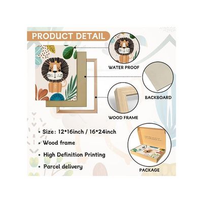 3Pcs Framed Safari Animals Canvas Wall Art Prints Picture Boy Girl'S Kids Room Wall Decor For Classroom Shower Theme Decorations Nursery Baby Children'S Room Bedroom Ready To Hang (12"X16"X3)