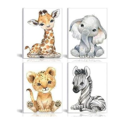 Kiddale Safari Animals Nursery Decor, Pack Of 4 | 8"X10", Framed Watercolor Jungle Baby Animals Bedroom Wall Art, Tropical Animal Canvas Print Posters For Living Room Boys Girls Bedroom Nursery Decorations
