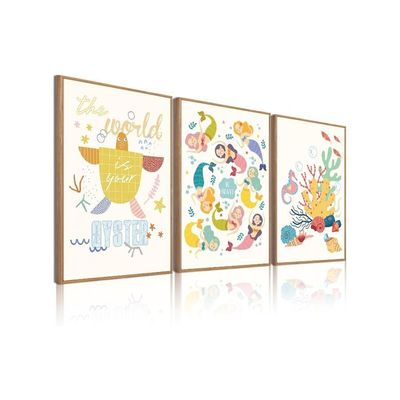 3Pcs Framed Mermaid Canvas Wall Art Ocean Theme Bedroom Decor Cute Seahorse Bathroom Decor For Kids Under The Sea Wall Pictures For Kids’ Room Nursery Bathroom 16 * 24 In/Pc Ready To Hang