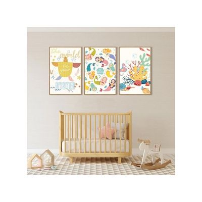 3Pcs Framed Mermaid Canvas Wall Art Ocean Theme Bedroom Decor Cute Seahorse Bathroom Decor For Kids Under The Sea Wall Pictures For Kids’ Room Nursery Bathroom 16 * 24 In/Pc Ready To Hang