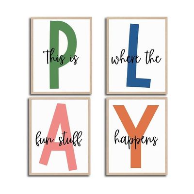 4Pcs Kids Playroom Wall Art Childrens Playroom Canvas Posters Prints Boy Kids Room Let'S Play Wall Decor Pictures Toddler Nursery Bedroom Artwork Decoration Unframed