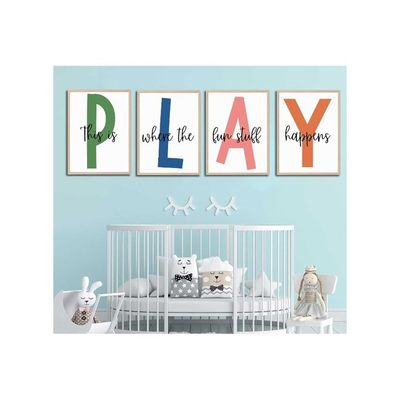 4Pcs Kids Playroom Wall Art Childrens Playroom Canvas Posters Prints Boy Kids Room Let'S Play Wall Decor Pictures Toddler Nursery Bedroom Artwork Decoration Unframed