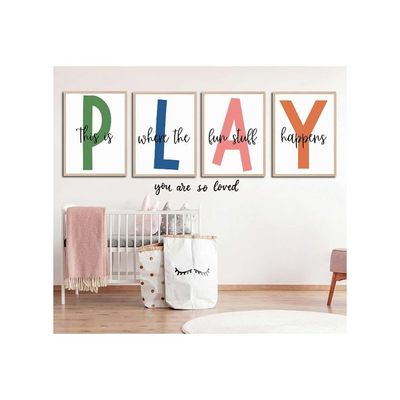 4Pcs Kids Playroom Wall Art Childrens Playroom Canvas Posters Prints Boy Kids Room Let'S Play Wall Decor Pictures Toddler Nursery Bedroom Artwork Decoration Unframed